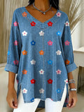 Women's Colorful Little Flowers Print Casual Denim Shirt RSDS2917