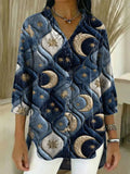 Women's Moon Pattern Art Print Casual Ruffled Denim Shirt RSDS2927