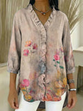 Women's Floral Pattern Art Print Casual Ruffled Denim Shirt RSDS2932