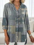 Women's Vintage Patchwork Plaid Print Casual Ruffled Denim Shirt RSDS2935