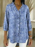 Women's Floral Pattern Art Print Casual Ruffled Denim Shirt RSDS2936