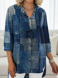 Women's Vintage Patchwork Print Casual Ruffled Denim Shirt RSDS2938