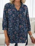 Women's Vintage Flower Print Casual Ruffled Denim Shirt RSDS2939