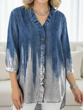 Women's Gradient Color Blocking Print Casual Ruffled Denim Shirt RSDS2949