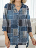 Women's Patchwork Pattern Print Casual Ruffled Denim Shirt RSDS2950