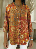 Women's Vintage Pattern Art Print Casual Ruffled Denim Shirt RSDS2958