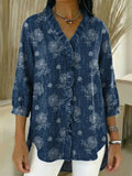 Women's Vintage Floral Pattern Art Print Casual Ruffled Denim Shirt RSDS2961