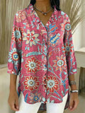 Women's Vintage Floral Pattern Art Print Casual Ruffled Denim Shirt RSDS2962