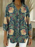 Women's Vintage Floral Pattern Art Print Casual Ruffled Denim Shirt RSDS2966