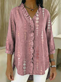 Women's Abstract Pattern Art Print Casual Ruffled Denim Shirt RSDS2968