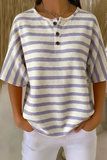 Womens Lavender Stripe Button Detail Waffle Knit Short Sleeve Top RSHW1719