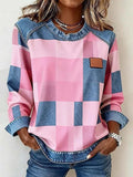 Women's Contrast Color Plaid Pattern Patchwork Art Sweatshirt RSPS2812
