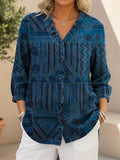 Women's Vintage Pattern Print Casual Ruffled Denim Shirt RYDS802