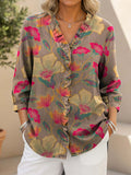 Women's Vintage Ethnic Style Flowers Print Casual Ruffled Denim Shirt RYDS804