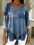 Women's Patchwork Pattern Art Print Casual Denim Shirt