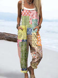 Wome's Retro Floral Pattern Casual Cotton Wide Leg Jumpsuit