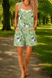Women’s Green Floral Cat Print Casual Cotton Wide Leg Romper