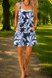 Women’s Navy Tropical Leaf Print Casual Cotton Wide Leg Romper