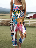 Women's Funny Dog Art Print Casual 100% Cotton Wide Leg Jumpsuit