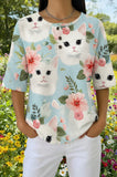 Womens Light Blue Floral White Cat Print Casual Shirt