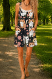 Women’s Black Vintage Cat Floral Print Casual Cotton Wide Leg Romper