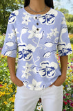 Womens Blue Tropical Floral Print Casual Waffle Cotton Shirt