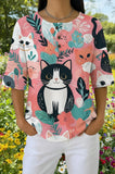 Womens Pink and Teal Leafy Cat Print Casual Henley Shirt
