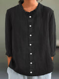 Women's Casual Cotton And Linen Ruffle Collar 3/4 Sleeve Shirt