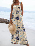 Women's Shell Coral Pattern Protect Split Joint Square Collar Loose Linen Fabric Jumpsuits