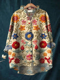 Women's Vintage Flower Art Print Casual Cotton And Linen 3/4 Sleeve Shirt