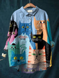 Women's Simple Colorful Flat Cat Print Casual Cotton And Linen Shirt RB056
