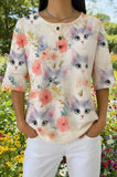 Womens Pink Floral Cat Portrait Print Casual Shirt