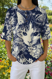 Womens Blue Floral White Cat Portrait Print Casual Shirt