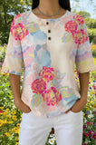 Womens Soft Gradient Rose Floral Print Casual Waffle Cotton Shirt