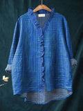 Women's Blue Stripes Art Print Casual Cotton And Linen 3/4 Sleeve Shirt