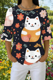 Womens Black Halloween Cat Print Casual Shirt