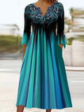 V Neck Ribbon Green Ombre Stripe 3/4 Sleeves Midi Dresses