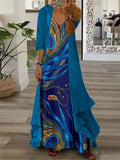 Blue V-Neck Long Sleeve Two-Piece Maxi Dress Abstract Print