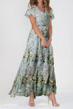 Floral Embroidery V Neck Short Sleeve Ruffle Maxi Dress