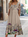 Short Sleeve Square Neck Floral Print Lace Panel Midi Dresses