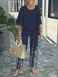 Navy 3/4 Sleeve Round Neck Two Piece Set