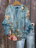 Floral Print V-neck Half Sleeve Blouse