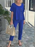Solid Color Round Neck Button-down Short Sleeve Casual Two Piece Set