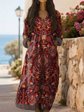 Women's Floral Pattern Long Sleeve Side Pocket Cotton Dress