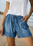 Solid Color Elastic Waist Pockets Denim Shorts