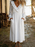 Solid Color V-neck Ruffled Long Sleeve Casual Loose Maxi Dress