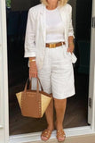 Solid Color Lapel Casual Long Sleeves Blazer & Shorts Set