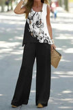 Elegant Color Contrast Round Neck Floral Print Sleeveless Top Two Piece Sets