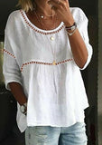 Plain Crew Neck 3/4 Sleeves White Comfy Blouse