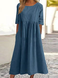 Solid Color Round Neck Half Sleeve Casual Midi Dress